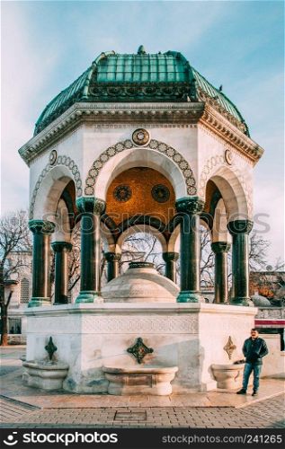 JAN 4, 2018 Istanbul, TURKEY   Beautiful white marble architecture of German Fountain at Hippodrome in Istanbul, Turkey