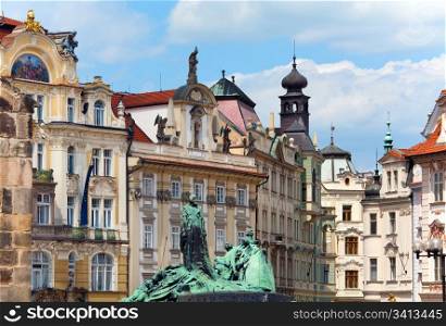 Jan Hus Memorial on Old Town Square , Stare Mesto view, Prague, Czech Republic. Erected on July 6, 1915