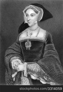 Jane Seymour (1508-1537) on engraving from 1838.Queen consort of England as the third wife of King Henry VIII. Engraved by H.Robinson after a painting by Holbein and published by J.Tallis & Co.
