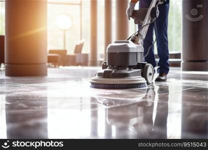 Janitor Cleaning Floor with Polishing Machine Indoors. Generative ai. High quality illustration. Janitor Cleaning Floor with Polishing Machine Indoors. Generative ai