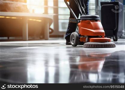 Janitor Cleaning Floor with Polishing Machine Indoors. Generative ai. High quality illustration. Janitor Cleaning Floor with Polishing Machine Indoors. Generative ai