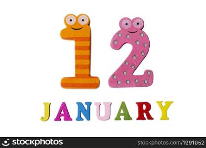 January 12 on white background, numbers and letters. Calendar.. January 12 on white background, numbers and letters.