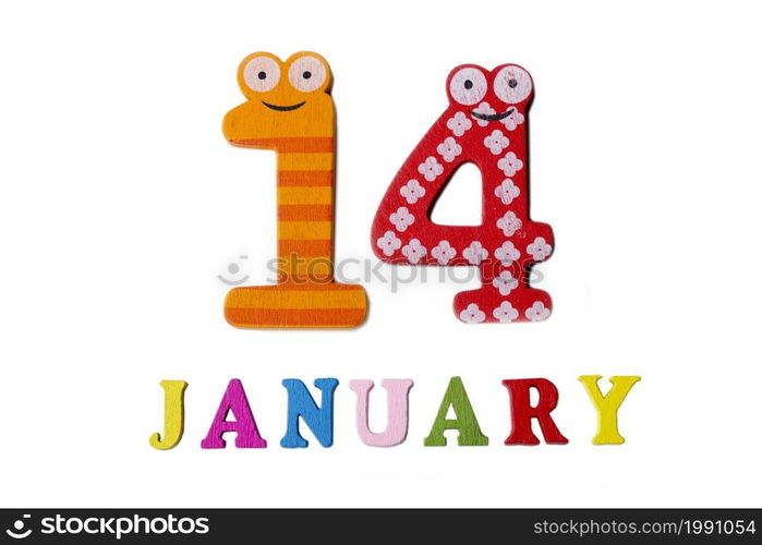 January 14 on white background, numbers and letters. Calendar.. January 14 on white background, numbers and letters.