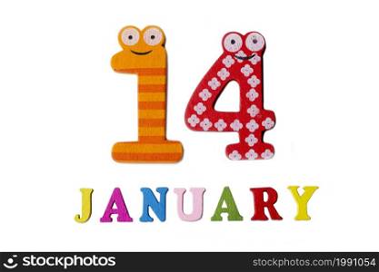 January 14 on white background, numbers and letters. Calendar.. January 14 on white background, numbers and letters.