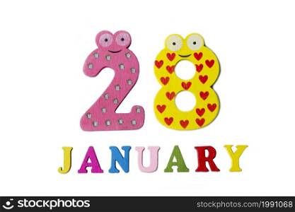 January 28 on white background, numbers and letters. Calendar.. January 28 on white background, numbers and letters.