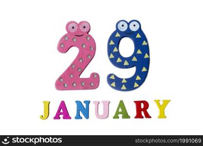 January 29 on white background, numbers and letters. Calendar.. January 29 on white background, numbers and letters.