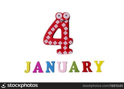 January 4 on white background, numbers and letters. Calendar.. January 4 on white background, numbers and letters.