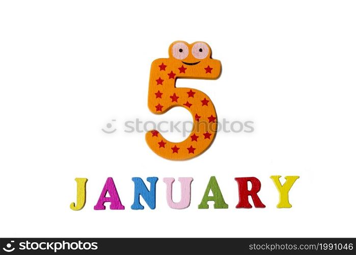 January 5 on white background, numbers and letters. Calendar.. January 5 on white background, numbers and letters.