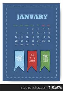 January calendar template. Cute calendar leaf for January month. Blue illustrated background. January calendar template. Cute calendar leaf for January month. Blue illustrated background.