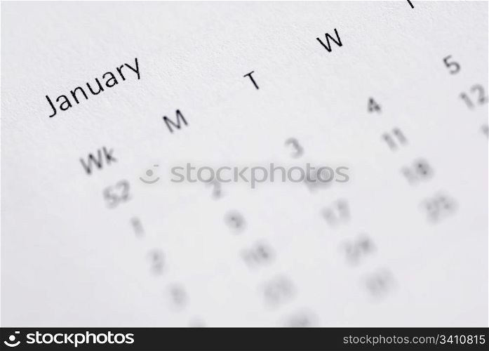 January, Month Vew in Diary. Focus on January, month view of diary.