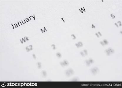 January, Month Vew in Diary. Focus on January, month view of diary.