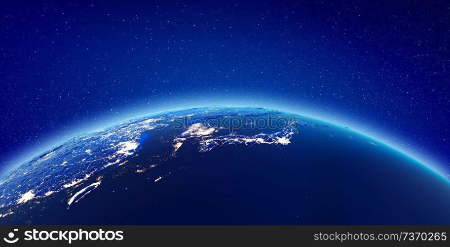 Japan city lights. Elements of this image furnished by NASA. 3d rendering. Japan city lights