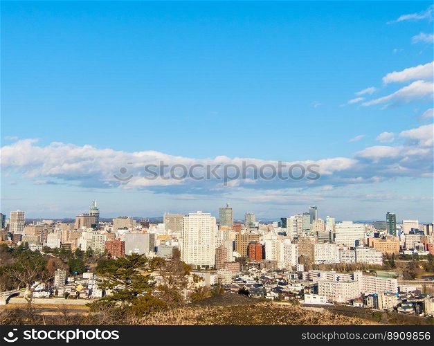 Japan city scape with blue sky  from mountain