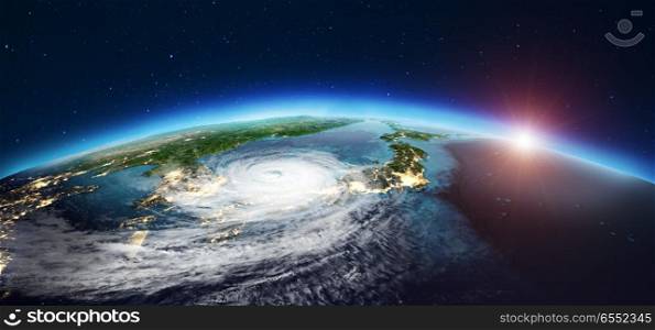 Japan cyclone. 3d rendering. Japan cyclone. Elements of this image furnished by NASA. 3d rendering. Japan cyclone. 3d rendering