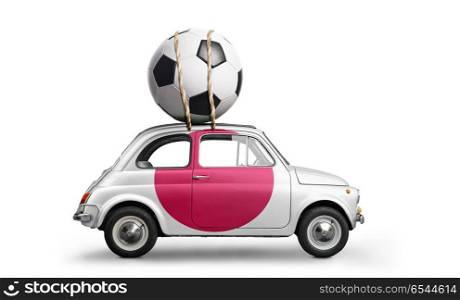 Japan football car. Japan flag on car delivering soccer or football ball isolated on white background
