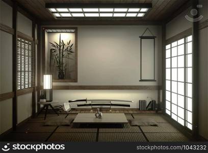Japan room with tatami mat floor and decoration japan style was designed in japanese style.3d rendering