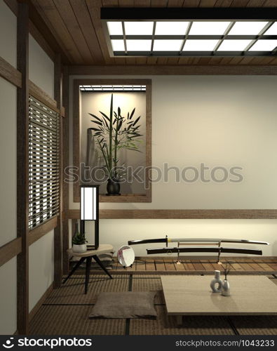 Japan room with tatami mat floor and decoration japan style was designed in japanese style.3d rendering