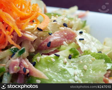 Japan salad with smoked chicken and vegetables closeup