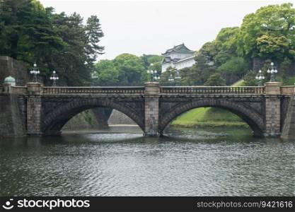 Japan Tokyo Imperial Palace castle bridge with reflection Asia emperor landmark, old ancient history architecture oriental city royal tower fort Edo building culture, attraction fortress monarchy