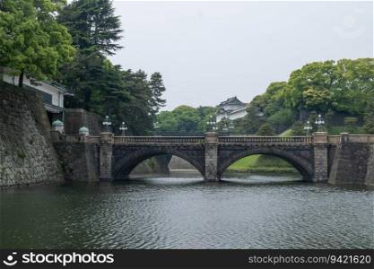 Japan Tokyo Imperial Palace castle bridge with reflection Asia emperor landmark, old ancient history architecture oriental city royal tower fort Edo building culture, attraction fortress monarchy