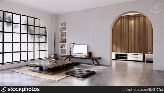 Japandi room interior and low table and armchair wabisabi style.3D rendering