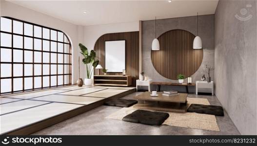 Japandi room interior and low table and armchair wabisabi style.3D rendering