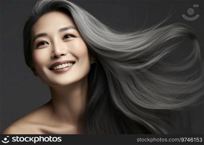 Japanese beautiful woman portrait with smooth health skin face for advertising design. Fit asian beautiful aging young looking woman, beauty health skincare and cosmetics advertisement commercial ad. AI Generative