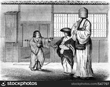 Japanese beggars, vintage engraved illustration. Magasin Pittoresque 1861.