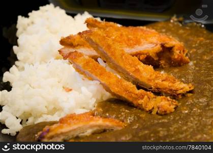 Japanese breaded deep fried pork cutlet (tonkatsu) served with steamed rice and curry sauce
