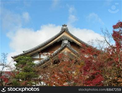 Japanese Buddhist temple roof of Eikando or Zenrin-ji Temple in autumn season, Kyoto, Japan