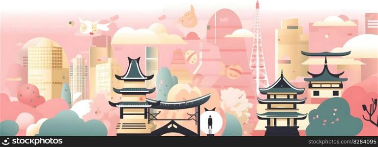 Japanese cityscape with different old and modern buildings anime kawaii cartoon style illustration wide long banner panorama format. AI Generative content