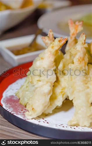 Japanese Cuisine - Deep Fried Shrimps with Vegetables and noodles