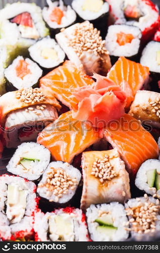 Japanese Cuisine - different types of sushi rolls close up. Sushi roll set