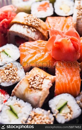 Japanese Cuisine - different types of sushi rolls close up. Sushi roll set