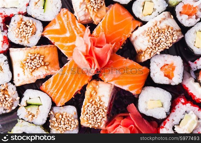 Japanese Cuisine - different types of sushi rolls close up. Sushi roll set