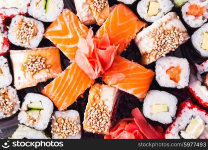 Japanese Cuisine - different types of sushi rolls close up. Sushi roll set