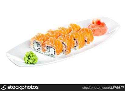 Japanese Cuisine - Sushi (Roll unagi maki syake) on a white background