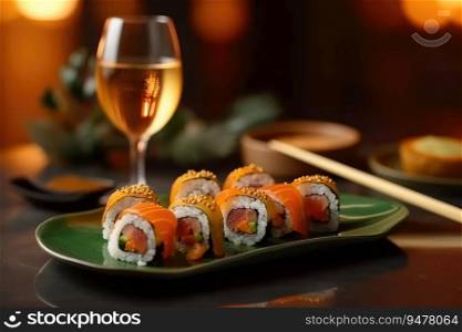 Japanese cuisine. Sushi set on a plate. Generative AI