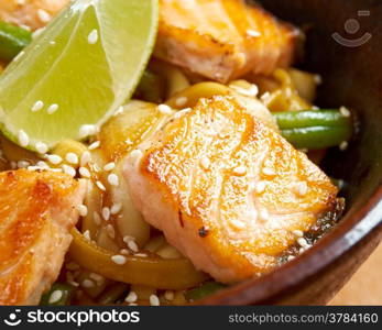 Japanese Cuisine - Udon (thick wheat noodles) with Salmon and Vegetables