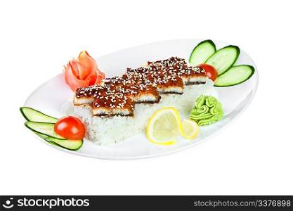 Japanese Cuisine - unagi sashimi on a white background