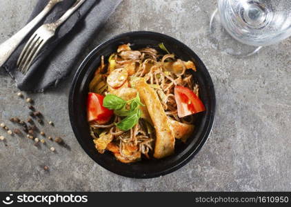 Japanese dish buckwheat soba noodles with chicken and vegetables