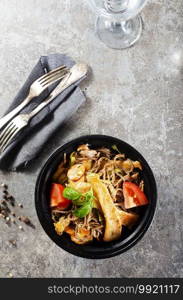 Japanese dish buckwheat soba noodles with chicken and vegetables