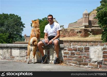 Japanese eight-month dog Akita Inu at Belgrade fortress Kalemegdan,Serbia