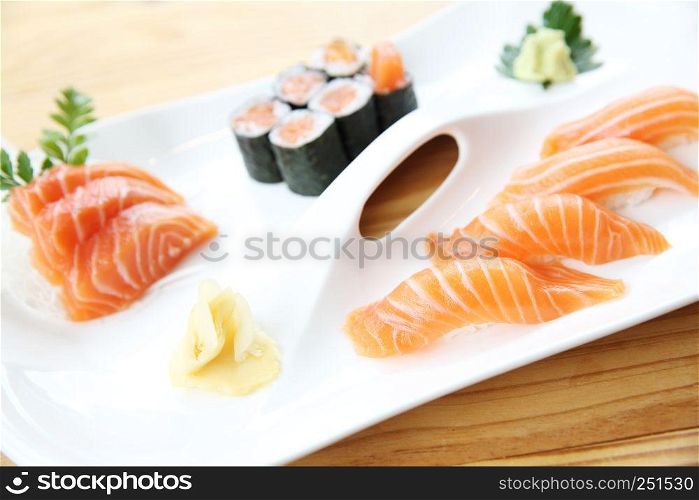 Japanese food Salmon Sushi set on wood background