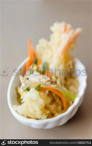 Japanese fried tempura shrimp with tonkatsu sauce