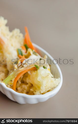 Japanese fried tempura shrimp with tonkatsu sauce