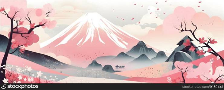 Japanese Fuji mountain spring landscape view with beautiful seasonal blossoming pink sakura or cherry trees illustration. Famous landmark of Japan panorama on wide long banner. AI Generated content