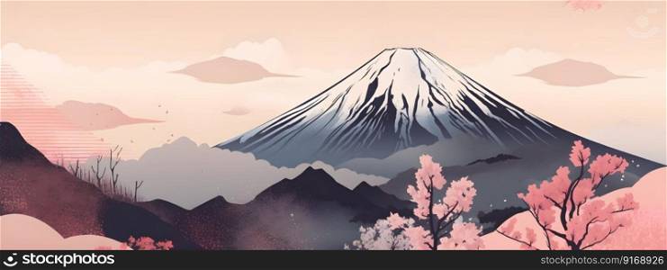 Japanese Fuji mountain spring landscape view with beautiful seasonal blossoming pink sakura or cherry trees illustration. Famous landmark of Japan panorama on wide long banner. AI Generated content