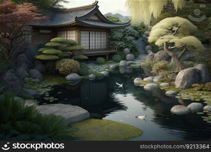 japanese garden with large pond in cozy backyard, created with generative ai. japanese garden with large pond in cozy backyard
