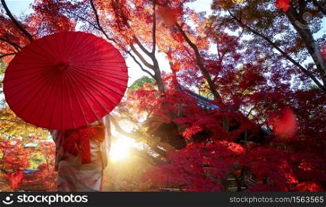 Japanese girl in Kimono traditional dress travel in red autumn park in Kyoto city, Japan